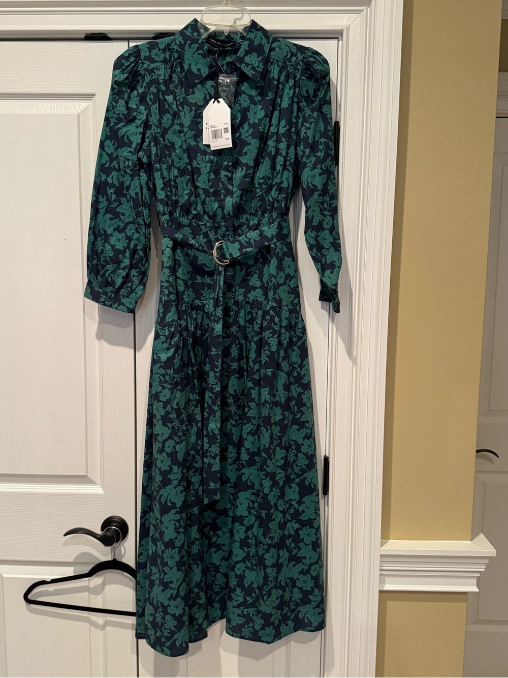 Women's Green and blue Floral Belted maxi Dress with pockets